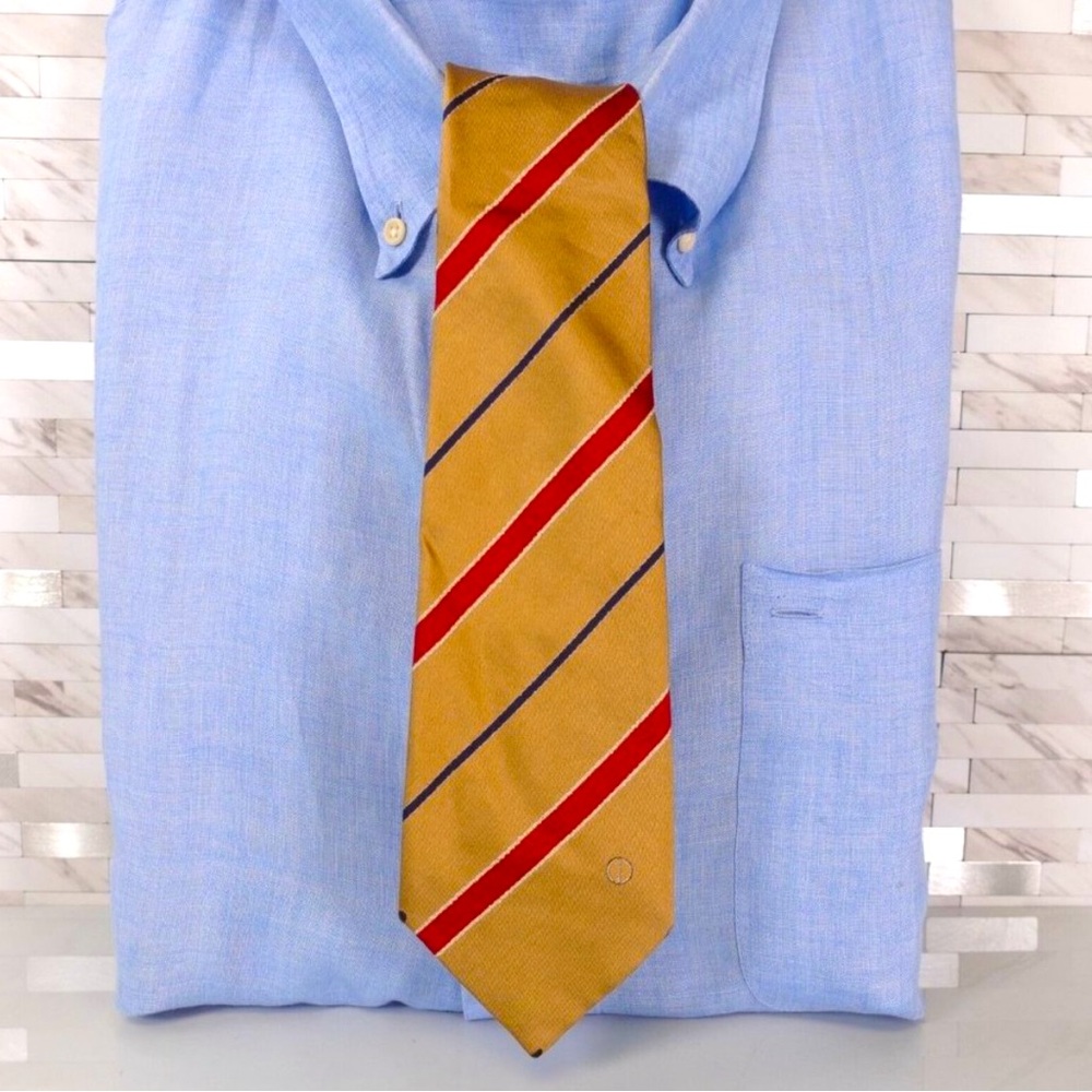 DUNHILL London Mens Camel Brown Red Striped Necktie 100% Silk Classic Logo ITALY